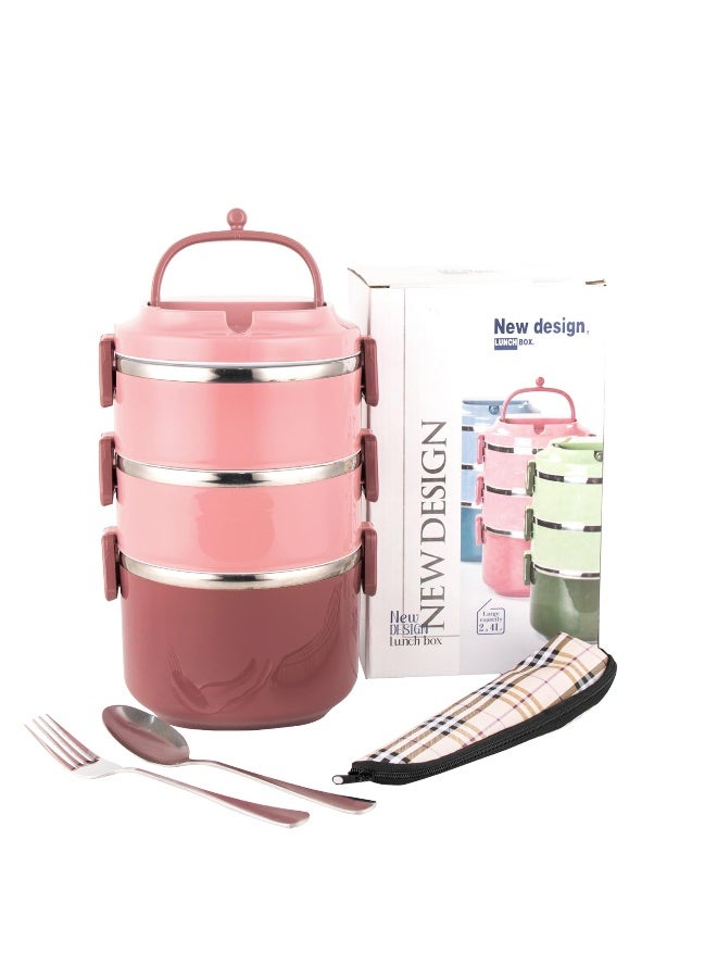 SANQIAHOME 3 Tier Stackable Stainless Steel Lunch Box Sealed(pink, 3 layers) with spoon and fork - Image 1